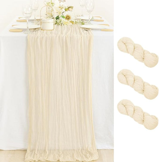 MLMC 3 Pack Beige Cheesecloth Table Runner 10ft Rustic Boho Gauze Cream Table Runner Bulk Fall Decor 35x120 Inches for Wedding Bridal Baby Shower Party Decor