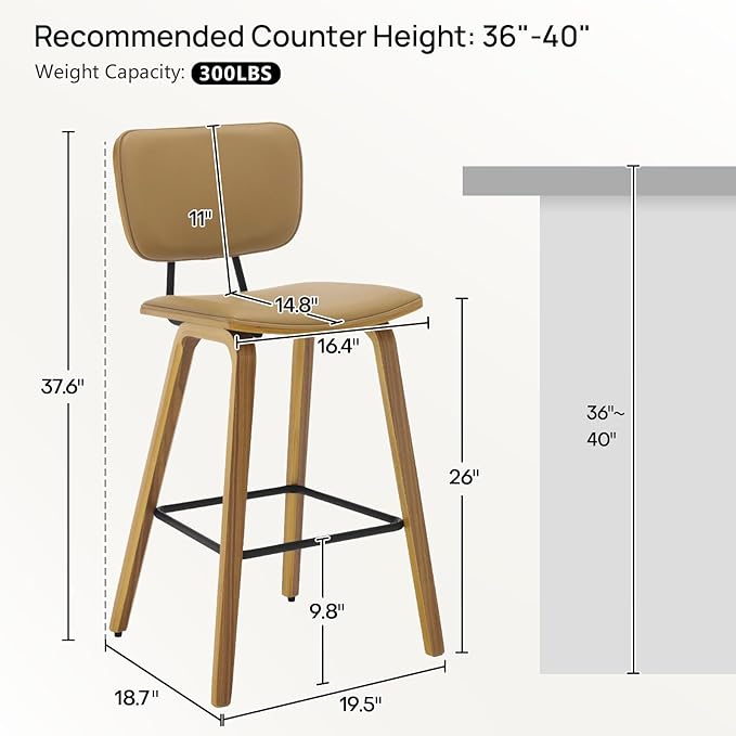 Counter Height Bar Stools, PU Leather Upholstered Barstools with Backs, Bent Wood Legs, 26 Inch Seat Height, Mid Century Modern Counter Stools for Kitchen Island, Brown