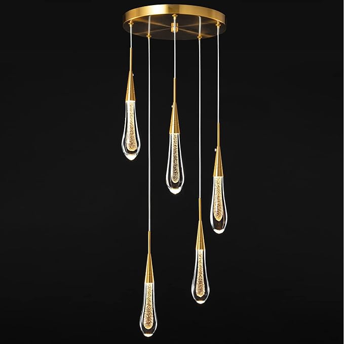 LMQNINE Kitchen Light Fixtures Ceiling Dimmable LED Modern Gold Pendant Light Mini Teardrop Crystal Pendant Light for Kitchen Island Bedroom Hallway Entryway (5-Light)