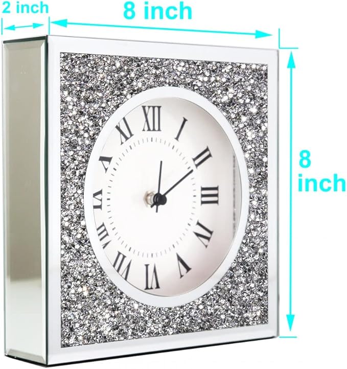 Desk Clock Wall Clock 8x8x2Inch Crushed Diamond Mirrored Clock Table Top Decorative Clock for Home Decoration. AA Battery not Included