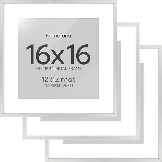 Homeforia 16x16 Silver Picture Frame, High End Metal 16 x 16 Square Frame with Mat 12 x 12 Photo, 16x16 Poster Frames Matted to 12x12 Print, 16 by 16 Hanging Frames, Tempered Glass, Wall Kit, Set of 3