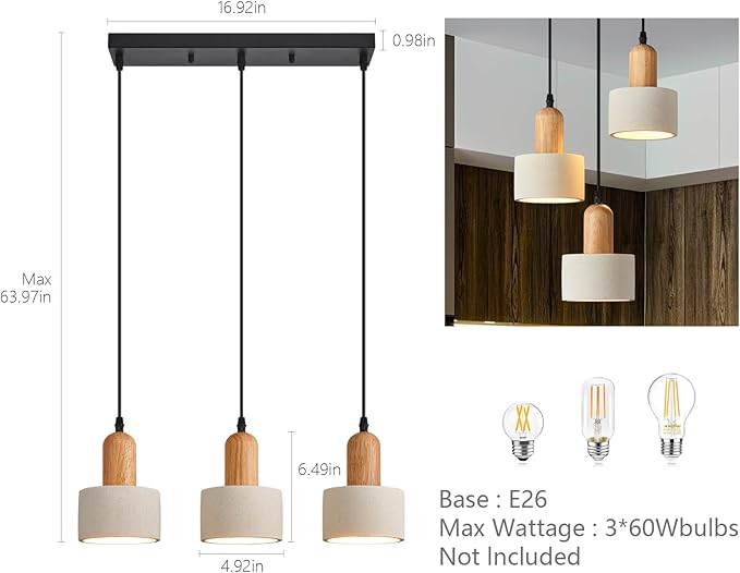Modern Cement Pendant Lights White Chandelier Wooden Ceiling Lamps for Kitchen Island Bedroom Dining Room Living Room bar（3-Light）