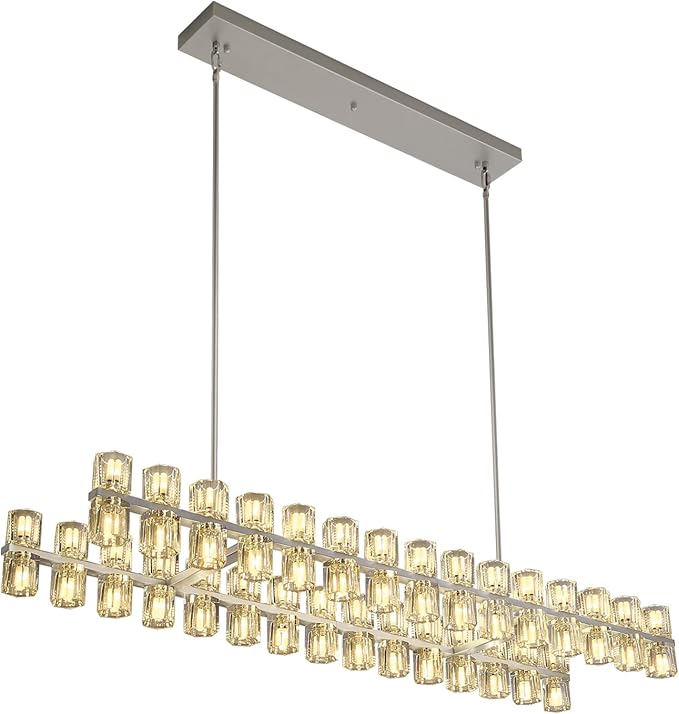 Silver Rectangular Crystal Chandelier Light Fixture 54 in Dining Room Chandelier Over Table Modern Farmhouse Ceiling Pendant Hanging Light Fixture for Living Room, Kitchen Island