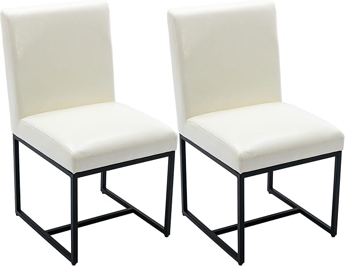 VESCASA Faux Leather Upholstered Dining Chairs with Black Metal Frame, Mid Century Modern Padded Kitchen Chair with Adjustable Foot Pads for Restaurant, Dining Room, Set of 4, White