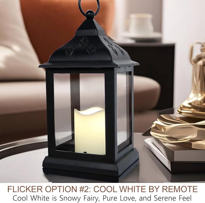 Bright Zeal 2-Pack 9.5" Vintage Decorative Candle Lantern with LED Flickering Flameless Candle (Black, 6-Key Remote) - Indoor Hanging Lanterns Decorative Lanterns Battery Powered LED Candle & Remote