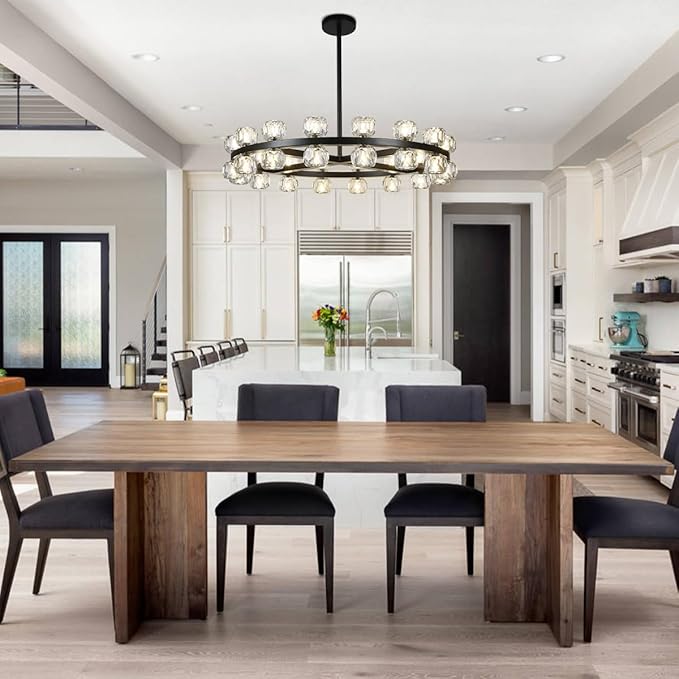 35" Round Crystal Chandelier, 32 Lights Black Chandeliers for Dining Room, Modern Chandelier Light Fixture with Crystal Shades for Living Room