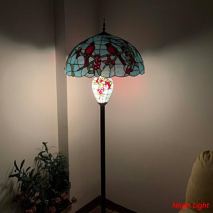 Bieye L10894 Red Cardinals on Holly Branches Tiffany Style Stained Glass Floor Lamp with 20-inch Wide Lampshade, Double-Lit, 64-inch Tall