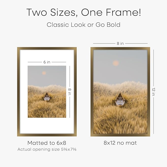 Homeforia 8x12 Picture Frame Bronze, High End Metal 8 x 12 Brass Frames with Mat 6 by 8 for Photo, 12x8 Frame Matted to 6x8 inch Print, 8by12 Wall or Tabletop Frame, Tempered Glass, Wall Kit, Set of 3
