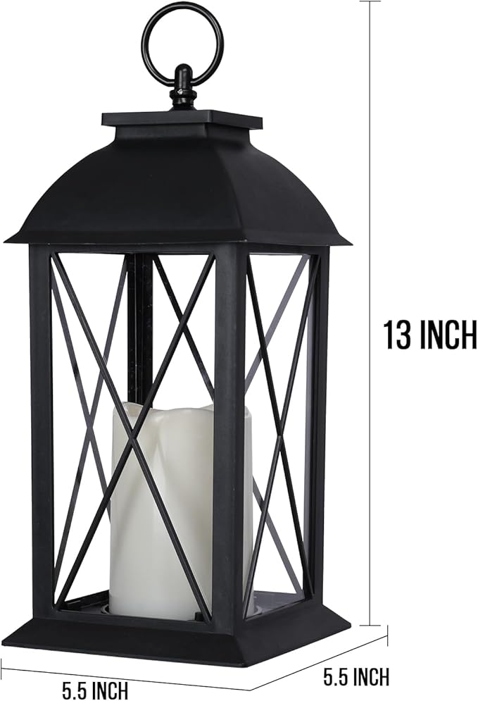 2 Pack 13-Inch Black Decorative Lantern with LED Candle (6hr Timer) - IP65 Waterproof Battery Powered - Outdoor Patio Hanging Lanterns Decorative Tabletop Lanterns