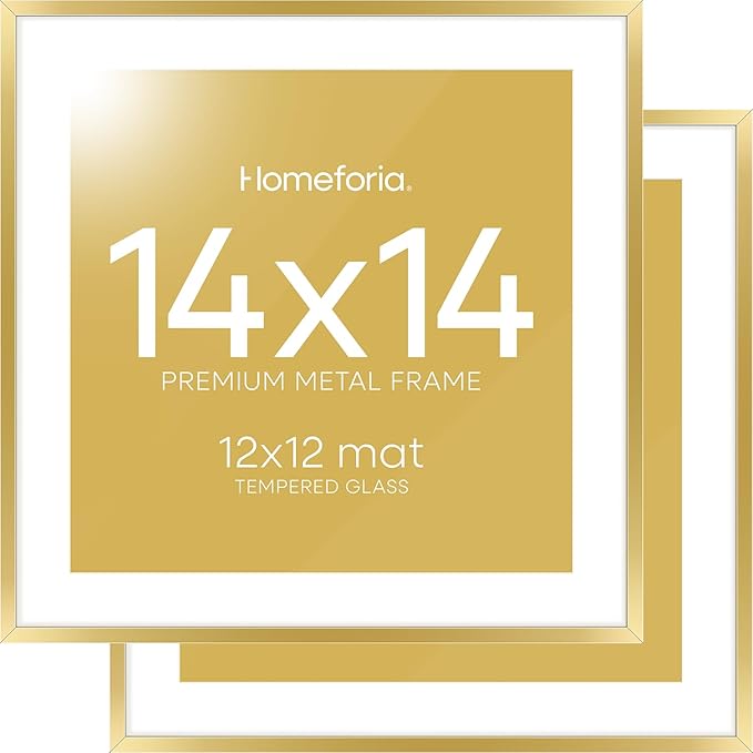Homeforia 14x14 Picture Frame Gold, High End Metal 14 x 14 Square Poster Frame with Mat 12 x 12 Photo, 14x14 Frame Matted to 12x12 Print, 14by14 Gold Hanging Frames, Tempered Glass, Wall Kit, Set of 2