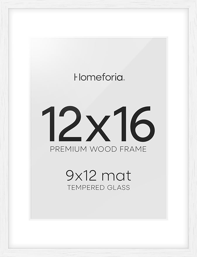 Homeforia 12x16 White Picture Frame, High End Oak 12x16 Wood Poster Frames with Mat 9x12 Print, 12 x 16 White Wooden Frame Matted to 9 by 12 Photo, 16x12 Thin Frame, Tempered Glass, Wall Kit, Set of 1