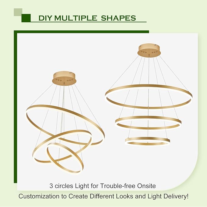 D31.5 Modern LED Chandelier Gold Dimmable 3 Ring Pendant Light for Dining Room, Kitchen Chandelier Circular with Remote Control Flush Mount High Ceiling Light for Living Room, 3000K-6500K