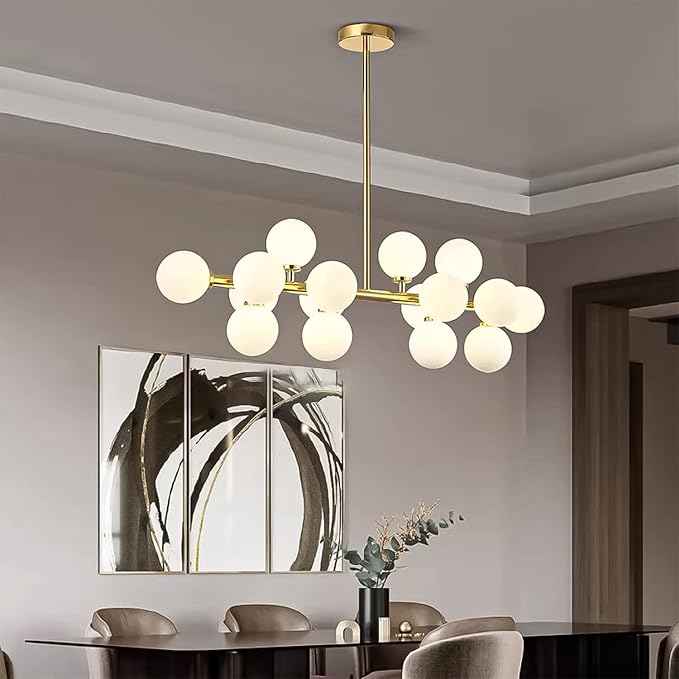 Mid Century Modern Chandelier Brass Gold Pendant Lighting Fixture Linear Chandeliers for Kitchen Island, Dining Room 16-Light