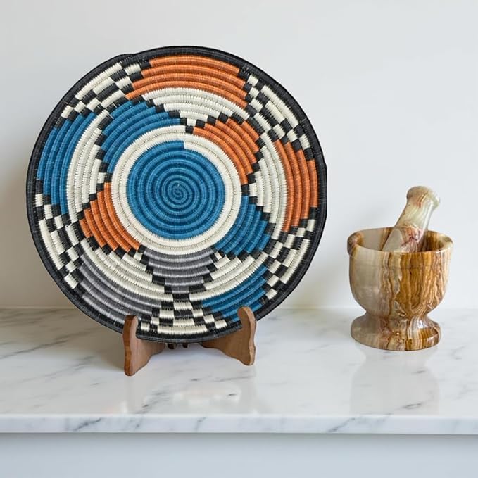 Handwoven African Basket Handmade sisal Fruit Bowl Wall Hanging decorative Baskets for Home Living Room Kitchen Centerpiece Zen Designs Arts and Crafts (Orange Blue Grey, 8in diameter)