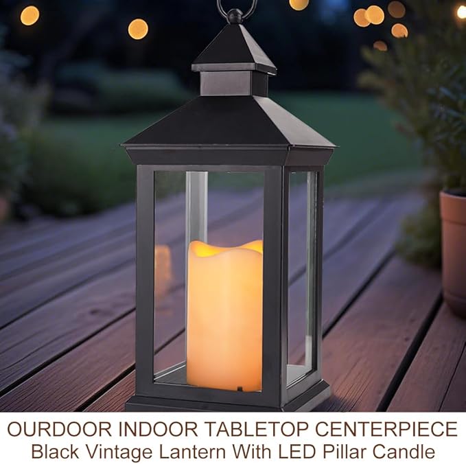 Bright Zeal 2-Pack 14" Decorative Candle Lantern Black Outdoor Lanterns with Timer Candles - IP44 Waterproof Vintage Lanterns Battery Powered LED Decorative for Wedding - Warm White Hanging Wall