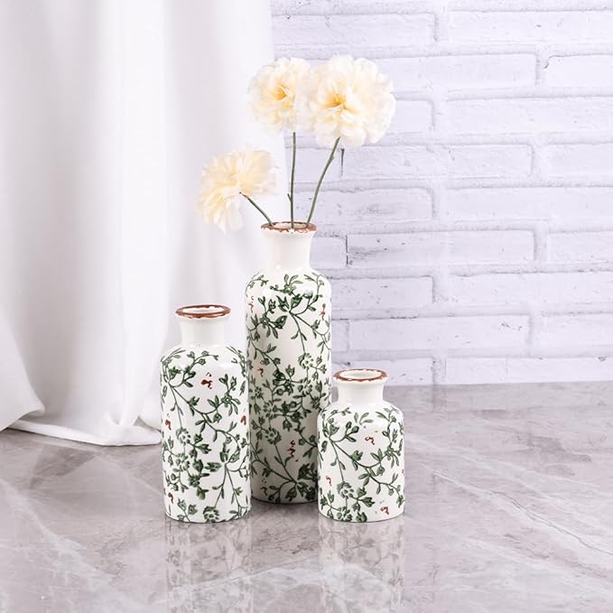 Green Chinoiserie Ceramic Vase Set of 3 – Vintage Green Floral Vases, Decorative Porcelain Vase Set for Flowers, Rustic Farmhouse & Cottage Core Home Decor, Living Room, Shelf & Table Centerpieces