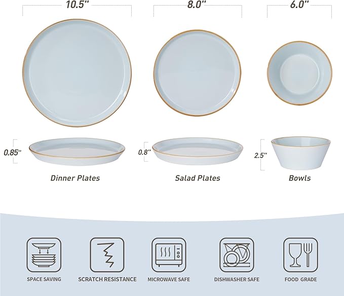 Famiware Saturn Dinnerware Sets, Plates and Bowls Sets for 4, 12 Pieces Stoneware Dish Set - Chip and Scratch Resistant, Microwave and Dishwasher Safe Tableware Set, Light Blue with Rim