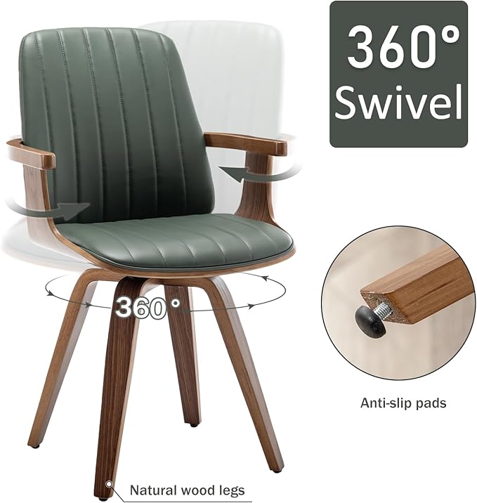 MCM Dining Chairs, Set of 2 Faux Leather Dining Chairs with Walnut Craftsmanship, Upholstered Faux Leather, Wooden Arms and Legs, Green Leather Dining Chair for Kitchen/Living Room (Green, Swivel)