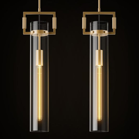 Modern Large Gold Pendant Light Fixture Set of 2-21.6 Inch Adjustable Hanging Chandelier with Glass Shade & Brass Finish, Farmhouse Island Lighting for Kitchen, Dining Room, Bathroom