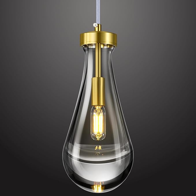 Raindrop Pendant Lights Kitchen Island Teardrop Gold Hanging Light Fixtures Clear Solid Glass Pendant Light Modern Chandeliers for Dining Room Porch Corridor Living Room…