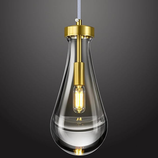 Raindrop Pendant Lights Kitchen Island Teardrop Gold Hanging Light Fixtures Clear Solid Glass Pendant Light Modern Chandeliers for Dining Room Porch Corridor Living Room…