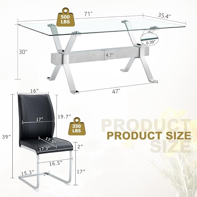 71'' Glass Dining Table Set for 8,9 Piece Dining Table Set with Tempered Glass Tabletop and Open‑Frame X‑Shaped Metal Base,Kitchen Table and Chairs Ideal for Dining Room&Home Office
