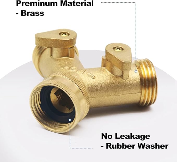 Brass Garden Hose Splitter 2 Way, All Body Metal Heavy Duty Water Splitter Y Way with 2 Hose Protectors Kink Free Hose Extension 10 Rubber Washers