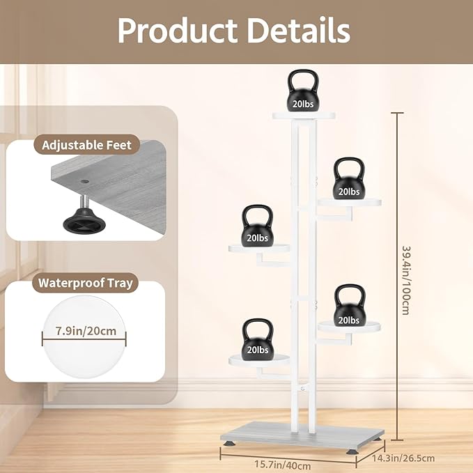 LASZOLA White 5 Tiered Plant Stand Indoors Heavy Duty Metal Rack, Sturdy Multi Level Shleving Hold Flowers, Larger House Decorate Ladder for Planting Inside Tree Herb Cactus, Wooden Base, Space Saving