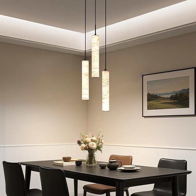 LMQNINE Natural Alabaster Pendant Lights for Kitchen Island White Marble Long Tube Chandelier Modern Black Ceiling Light Fixtures for Bedroom Dining Room Table Living Room Hallway(M-3Light)