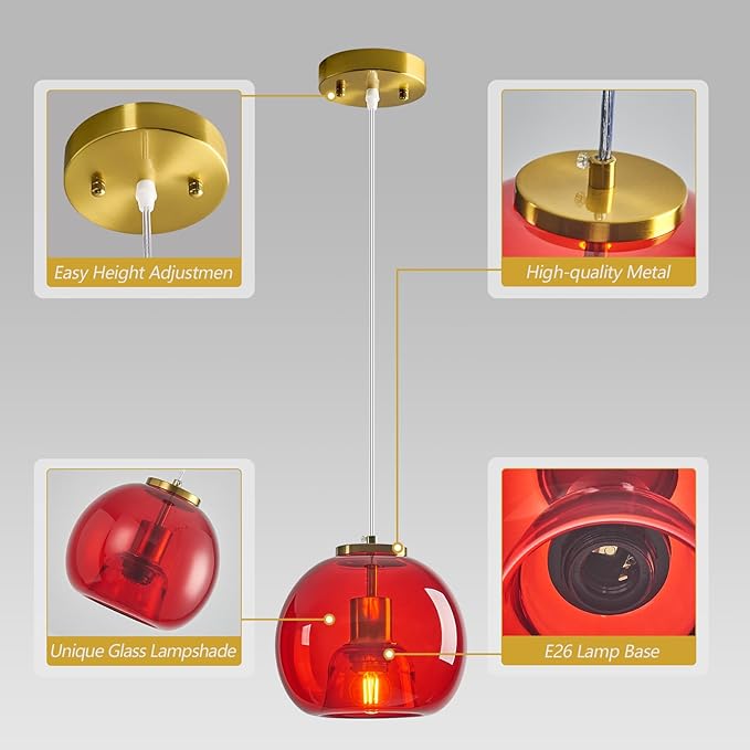 Red Glass Pendant Lights Kitchen Island Gold Hanging Light Fixture Glass Globe Pendant Light Modern Pendant Lighting for Kitchen Island Bedroom Dining Room (7.87", 3 Pack)