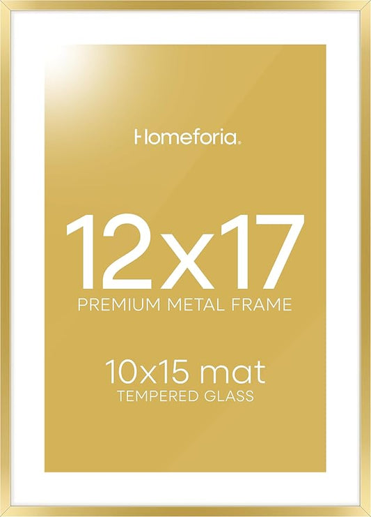 Homeforia 12x17 Picture Frame Gold, High End Metal 12x17 Poster Frames with Mat 10x15 Photo, 12 x 17 Gold Frame Matted to 10 by 15 Print, 17by12 Thin Hanging Frames, Tempered Glass, Wall Kit, Set of 1