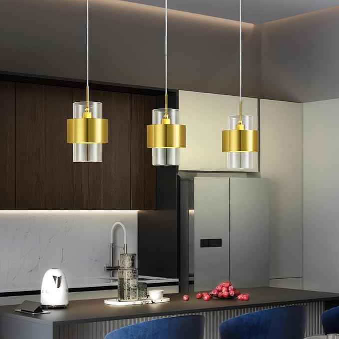 Modern Gold Pendant Lighting Indoor Kitchen Island Pendant Light Glass Shade Ceiling Light Fixtures for Bedroom Dining Room Living Room(1Pack)
