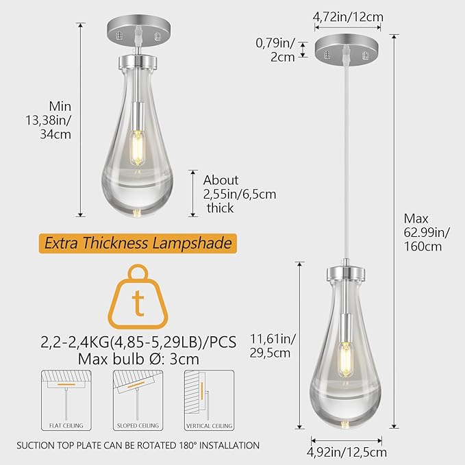Raindrop Pendant Lights Kitchen Island Teardrop Chrome Hanging Light Fixtures Clear Solid Glass Pendant Light Modern Chandeliers for Dining Room Porch Corridor Living Room…