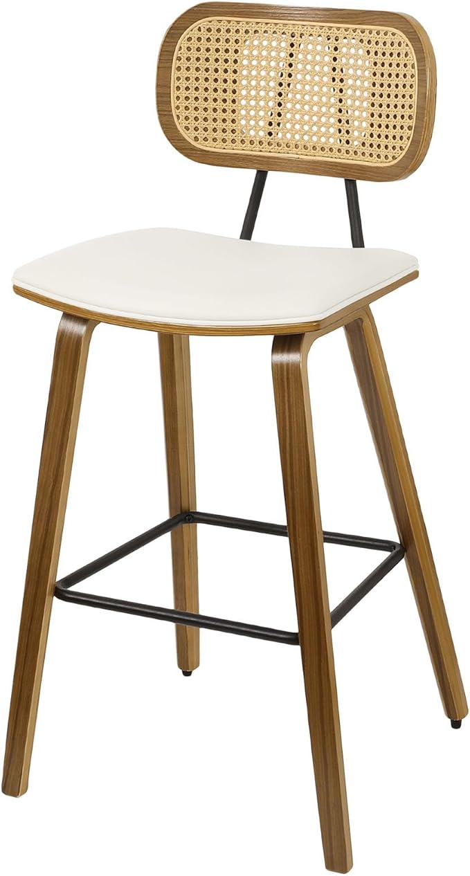 26" Counter Height Bar Stools Mid Century Modern Counter Stools, Wood Counter Stool with PU Leather Upholstered Bar Chair with Rattan Back, Counter Height Stools for Kitchen Island, Cream White