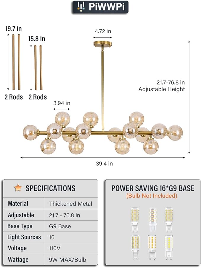 Glass Globe Sputnik Chandelier, 16-Light Mid Century Modern Light Fixture Over Table, Linear Chandeliers for Dining Room, Kitchen Island, Brass Gold and Amber Bubble, 40 Inch, GC-02