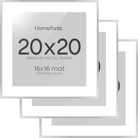 Homeforia 20x20 Silver Picture Frame, High End Metal 20 x 20 Square Frame with Mat 16 x 16 Photo, 20x20 Poster Frames Matted to 16x16 Print, 20 by 20 Hanging Frames, Tempered Glass, Wall Kit, Set of 3