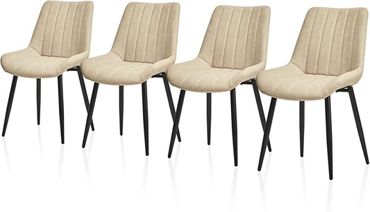 TUKAILAi Faux Leather Dining Chairs Set of 4, Modern Linear Design Kitchen Chairs with Upholstered Seat and Metal Legs, Comfortable Side Chairs for Dining Room Restaurant Commercial (Cream)