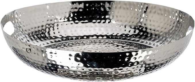 MyGift 14 Inch Deluxe Decorative Dish Tray Centerpiece Base, Silver Tone Plated Hammered Aluminum Fruit Bowl Serving Platter with Cutout Handles - Handcrafted in India