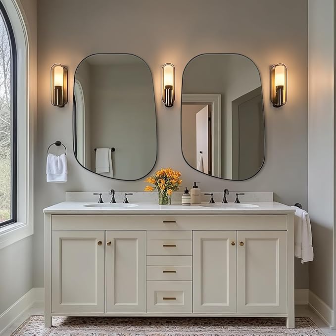 ANDY STAR 24"x36" Black Bathroom Mirror, Irregular Wall Mirror in Stainless Steel Metal Frame, Modern Matte Black Finish with Curved Edge Design, Wall-Mount Vertically or Horizontally