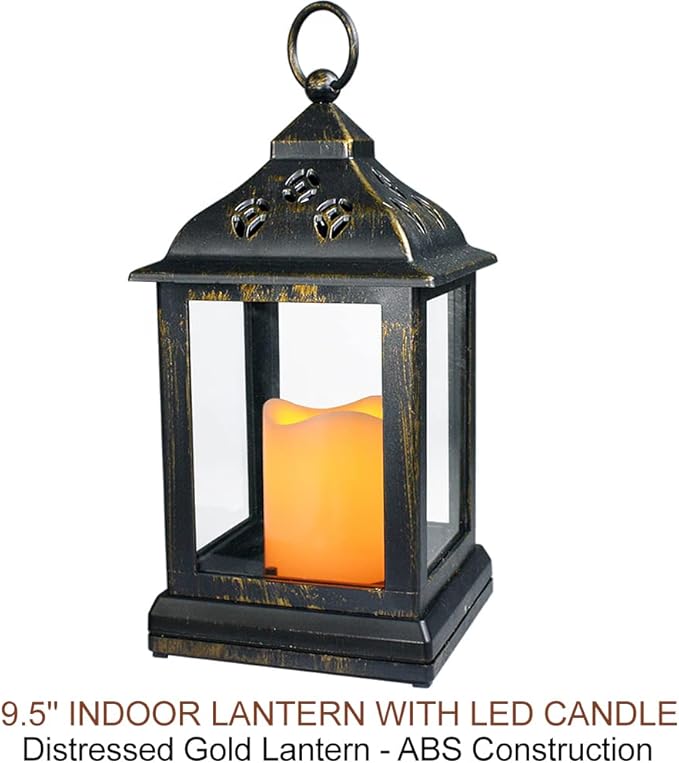 Bright Zeal 2-Pack 9.5" Distressed Bronzes Indoor Candle Lantern with LED Flameless Candle - Battery Operated Lanterns Indoor Decorative Lanterns with Timer Candles