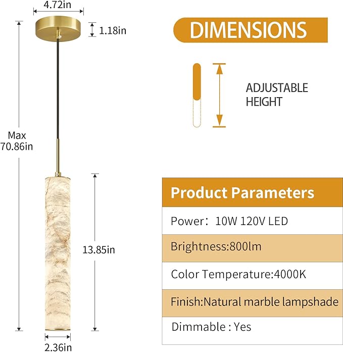 LMQNINE Natural Alabaster Pendant Lights for Kitchen Island White Marble Long Tube Chandelier Modern Gold Ceiling Light Fixtures for Bedroom Dining Room Table Living Room Hallway(M-3Pack)
