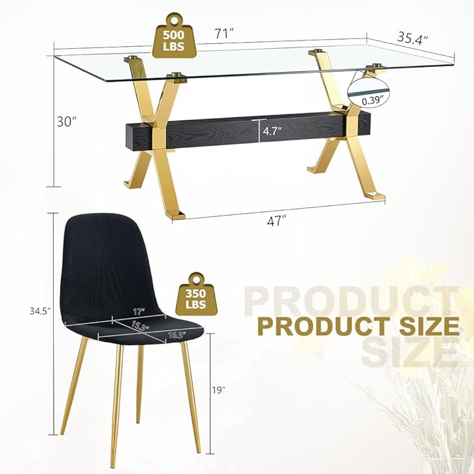71'' Glass Dining Table Set for 8,9 Piece Dining Table Set with Open‑Frame X‑Shaped Golden Metal Base,Gold Kitchen Table and Chairs Ideal for Dining Room&Home Office