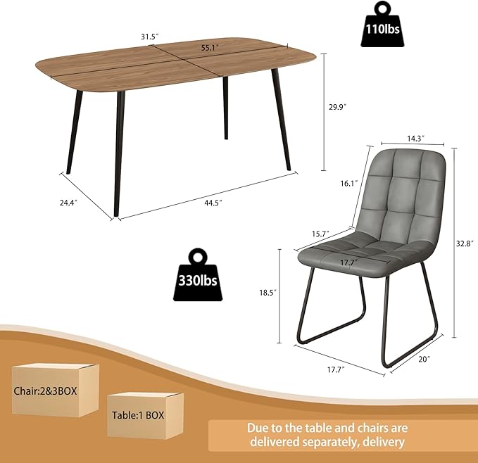 55.1'' Dining Table Set for 4,Modern Wood Dining Table,Leather Dining Chairs 4,Table and Chairs Set of 4,Ideal for Kitchen Dining Room (Walnut Color Table + 4 U-Shaped Gray Chairs, 55.1")