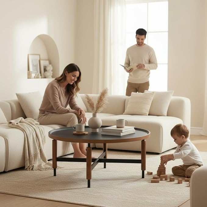 LukeAlon Modern Round Coffee Table Circle Wooden Table Top with Black Cross Legs Base, Rustic, Vintage, Living Room Easy Assembly, Black(31" D x 31" W x 13.5" H)