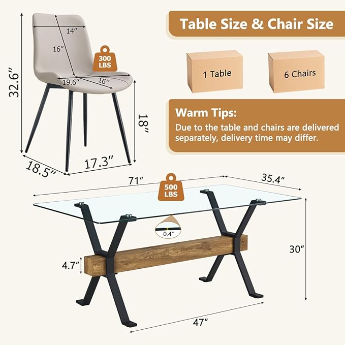 7 Piece Glass Dining Table Set, Kitchen Table Chairs Set for 6, 71'' Dining Table with 0.4" Tempered Glass Tabletop with Plated Metal Legs and MDF Crossbar, 6 PU Chairs for Dining Room, Kitchen.