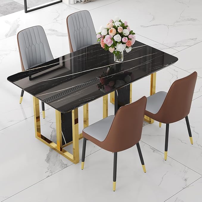 TesNus 63" Black Dining Table Set for 4 with Chairs,Modern Faux Marble Rectangular Kitchen Table and Chairs Set Luxury 5 Piece Dining Room Set with Gold Metal Legs,Easy Assemble,Stable Base
