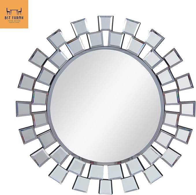 BST FURNH Sunburst Wall Mirror, 24 Inches Decorative Round Frameless Mirror for Living Room