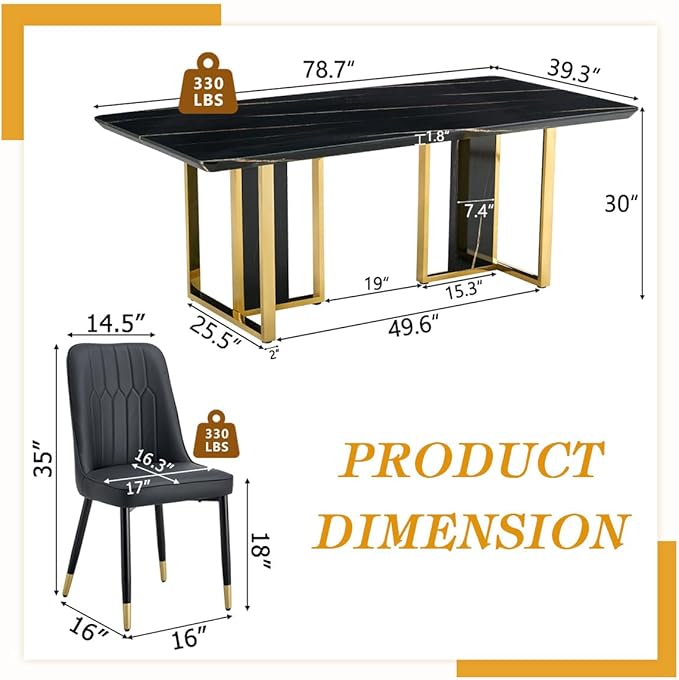 TesNus 79" Black Dining Table Set for 8 with Chairs,Large Faux Marble Kitchen Table and Chairs Set Rectangular 9 Piece Dining Room Set with Gold Metal Legs,Easy Assemble,Stable Base