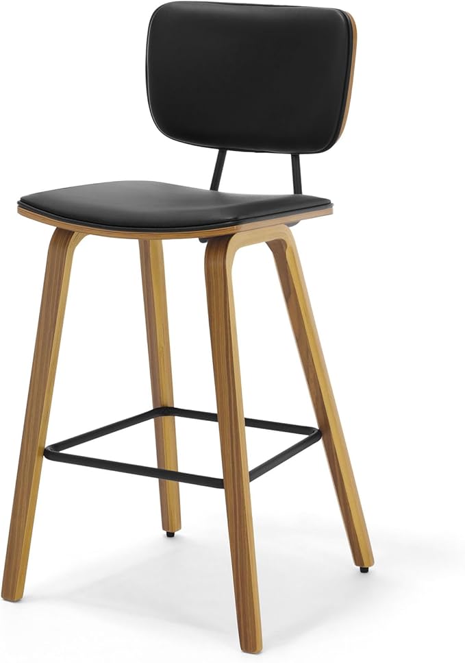 Counter Height Bar Stools, PU Leather Upholstered Barstools with Backs, Bent Wood Legs, 26 Inch Seat Height, Mid Century Modern Counter Stools for Kitchen Island, Black