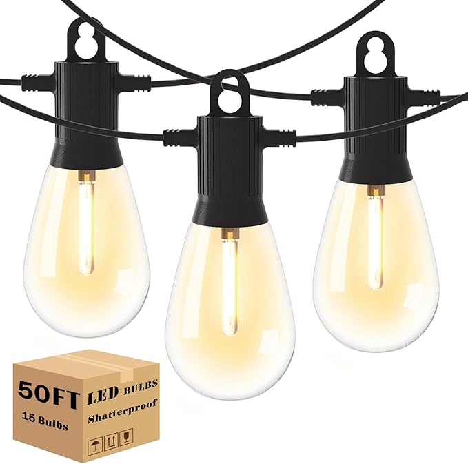 Outdoor String Lights 50 ft, LED Patio Lights with 16（15+1 Spare S14 Shatterproof Bulbs, IP65 Waterproof, Outside Hanging Light for Cafe Bistro Backyard